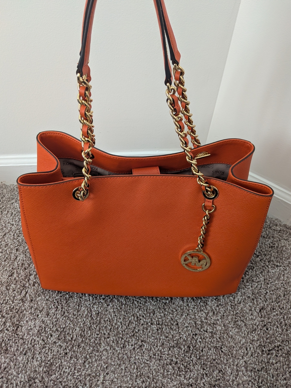 Michael Kors Orange Saffiano Leather Chain Tote